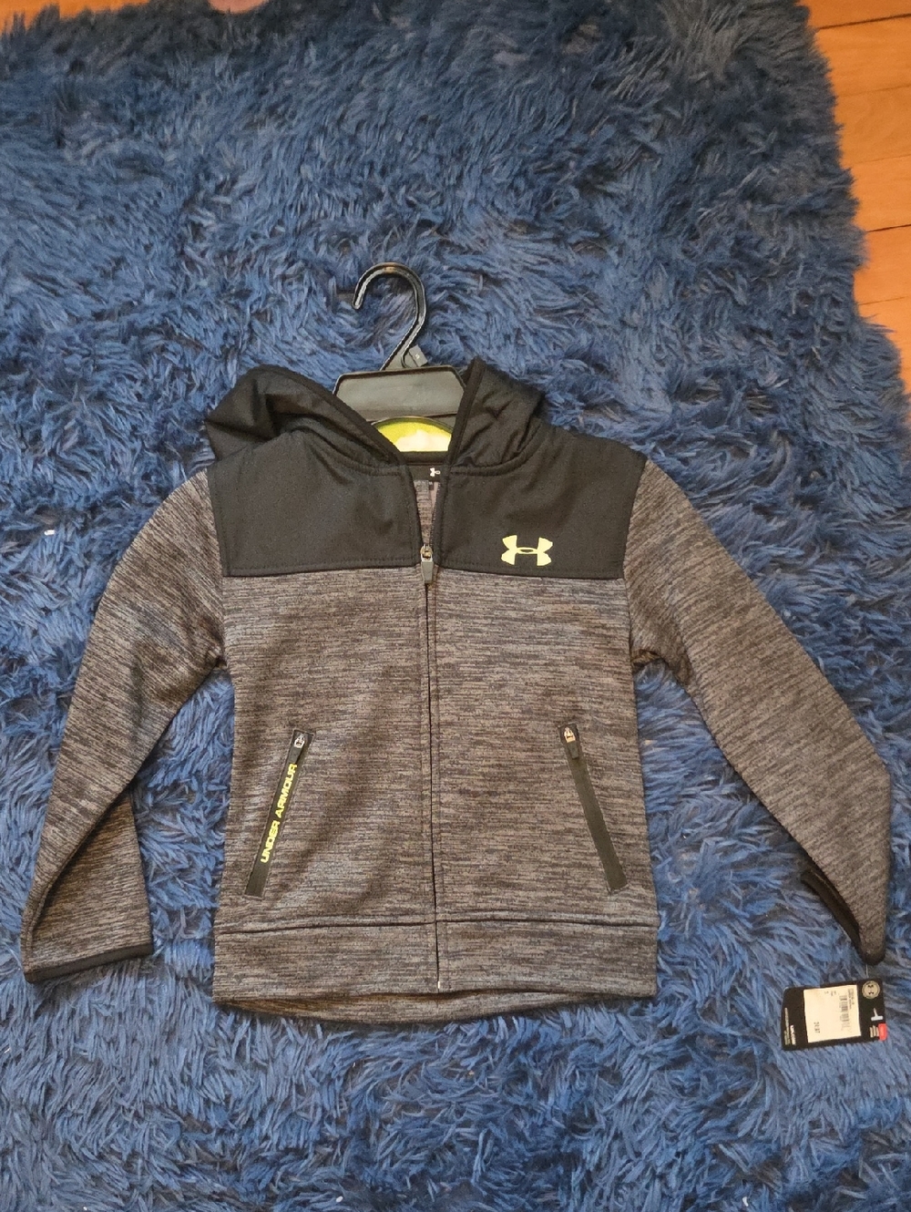 Under Armour Boys Heather Gray and Black Zip Hoodie with Lime Accent